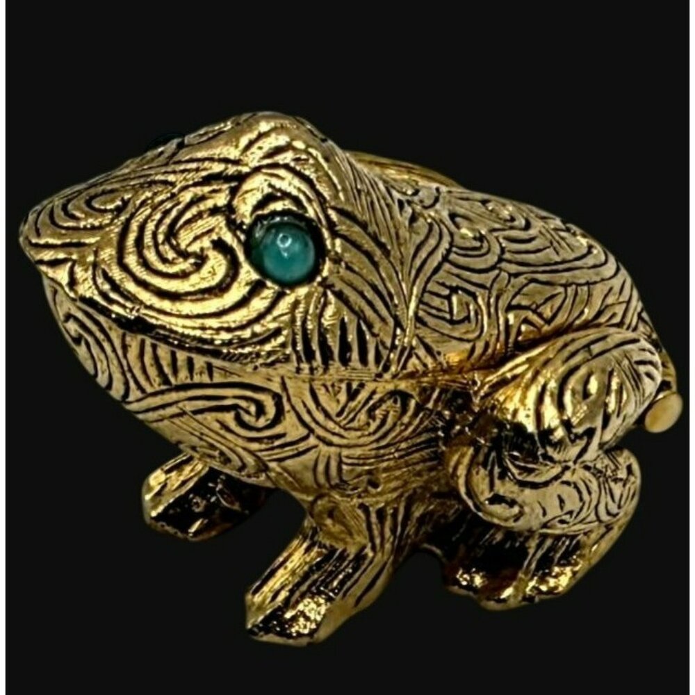 1970s Max Factor Frog Solid Perfume Compact Gold Swirl Trinket Box Metal Reptile